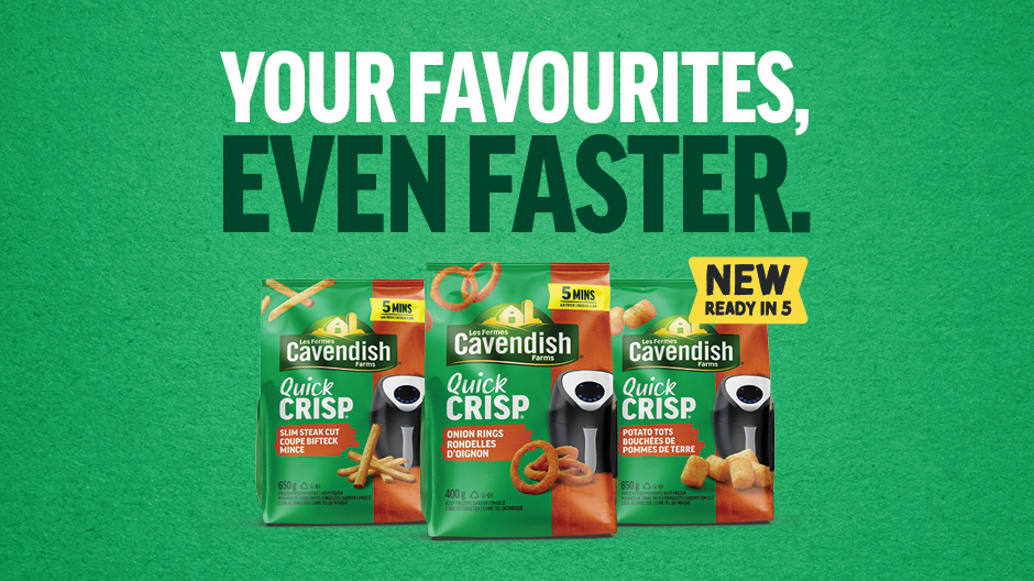 Selection of NEW Cavendish Farms Quick Crisp products. Made for the air fryer onion rings, potato tots, and fries.